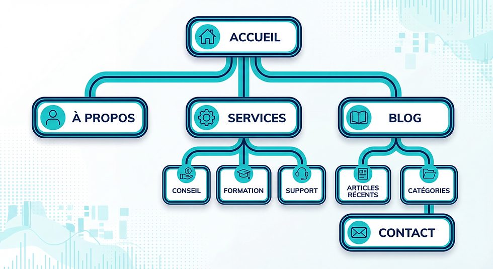 Schéma d'arborescence de site web professionnel, structure hiérarchique pour création site web avec IA, pages Accueil, Services, Blog, Contact  