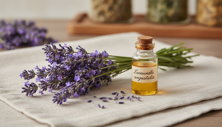 Close-up view of lavender flowers beside an amber essential oil bottle