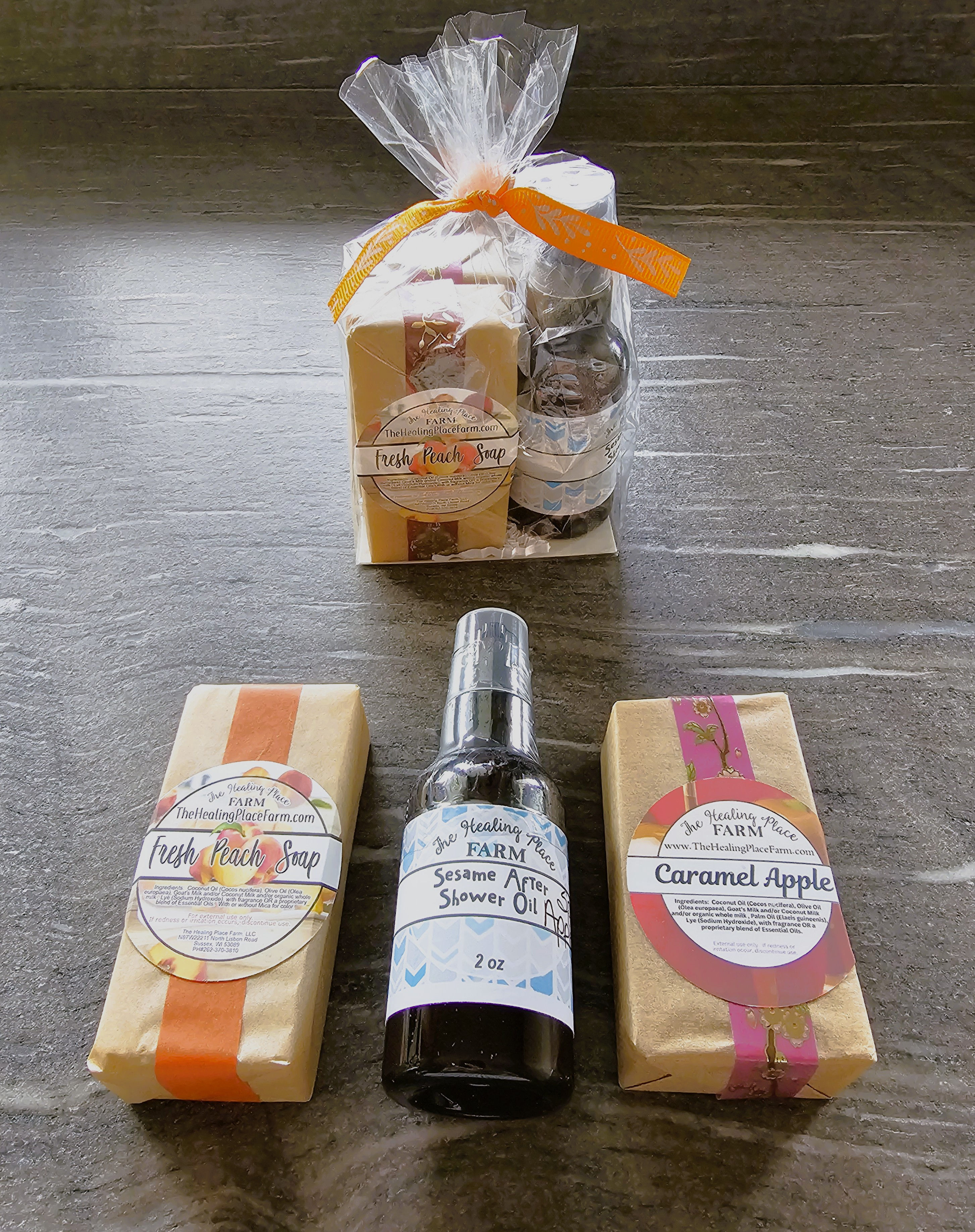 Fall Fruit Harvest Trio Set w/Two Half Bars Soap & Sesame After Shower Dry Oil