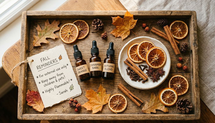 Overhead view of essential oils, labeled dropper bottles, and a handwritten safety note on a fall tray.