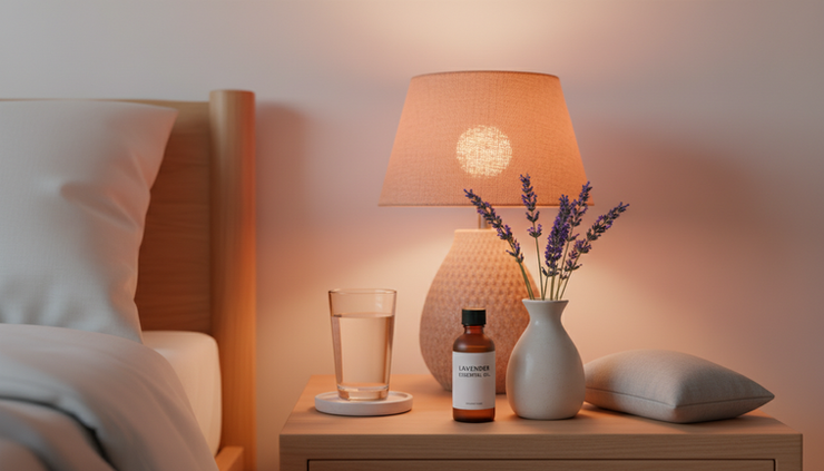 Wide-angle view of a quiet bedside table with lavender oil and fresh lavender stems