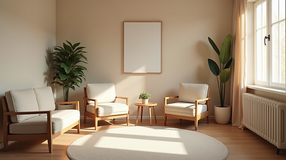 Eye-level view of a peaceful therapy room with soft lighting and comfortable seating