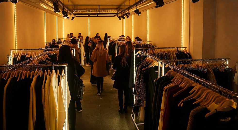 A low-light sample sale in London with handers and lots of people in a narrow event space