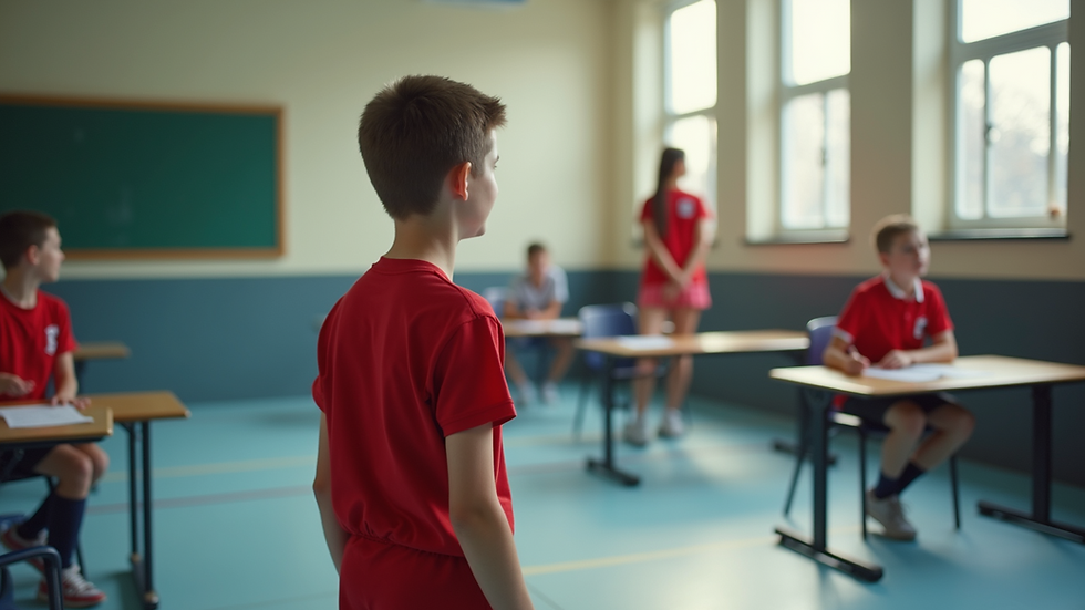 Eye-level view of a student wearing a PE kit during a physical education class