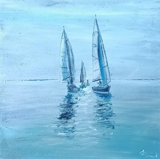 Maritimes Acrylgemälde mit Segelbooten auf ruhiger See