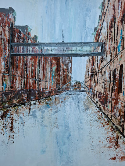Hamburger Speicherstadt mit zwei historischen Speichern und der Brücke des Miniatur Wunderlands über einem Fleet. Abstraktes Acrylgemälde auf Malplatte, 50 × 60 cm