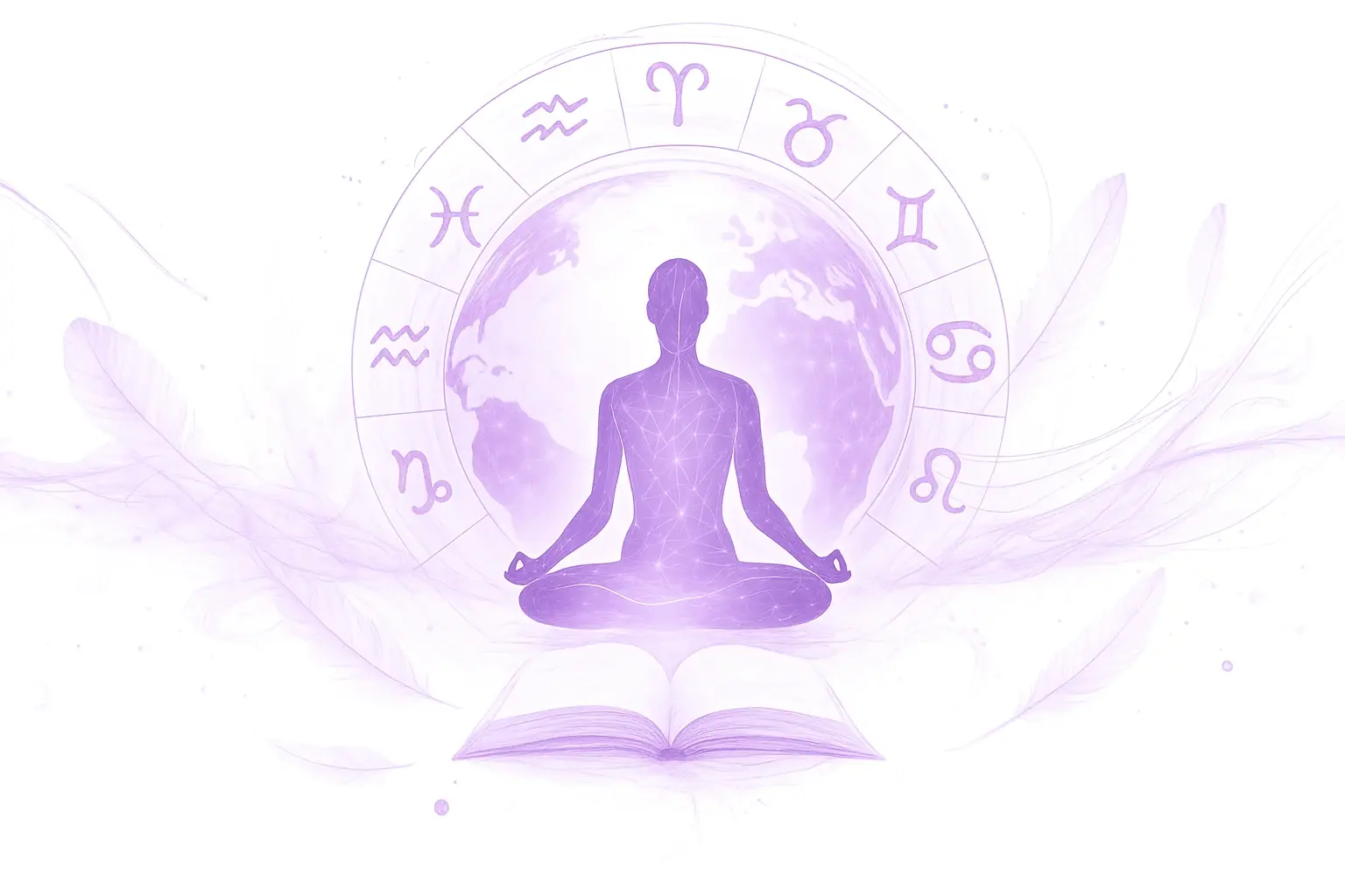 A meditative silhouette centered within a glowing purple zodiac chart and celestial wings