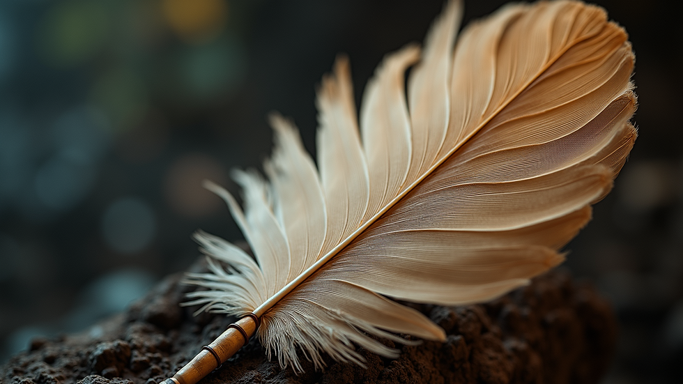 Close-up view of a ceremonial feather fan used in shamanic rituals