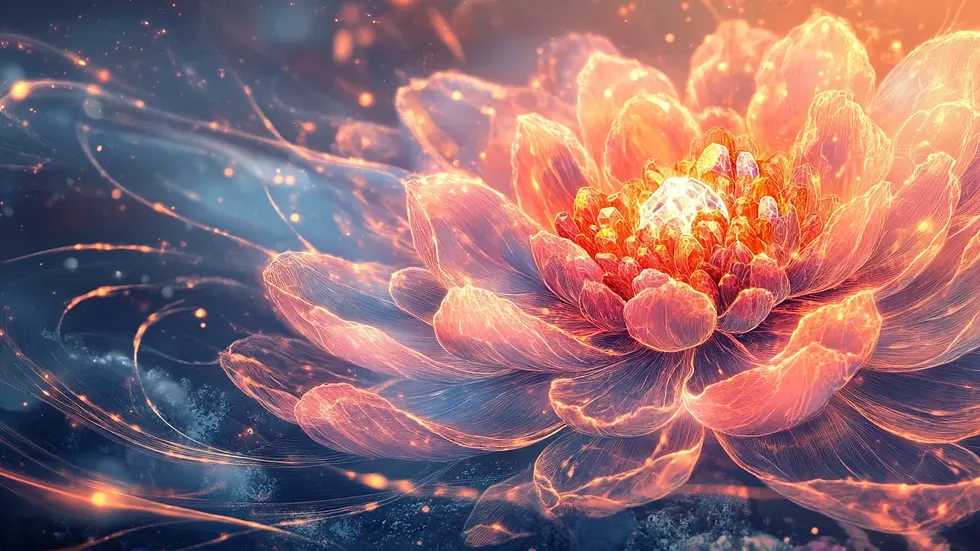 Glowing flower with delicate, ethereal petals against a swirling, dreamy background. Vibrant orange and blue hues create a magical atmosphere.