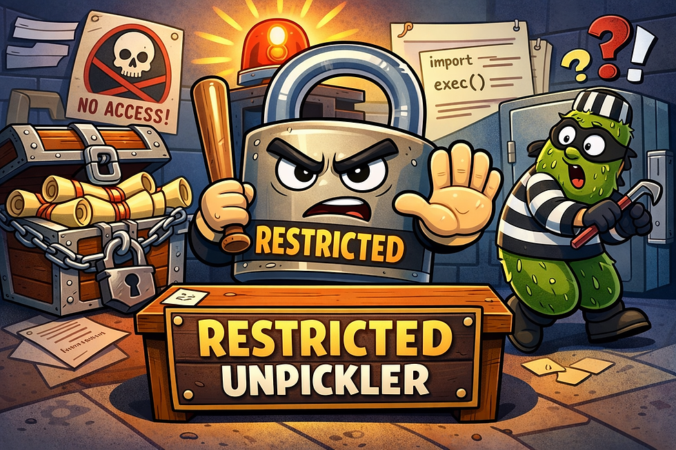 Padlock with "RESTRICTED" sign holds a bat, blocking a sneaky pickle thief. No access sign, alert light, and documents in background.