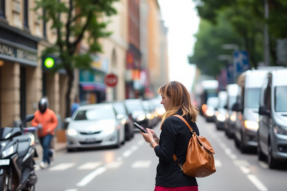 Woman on city street checks phone, wearing black jacket and brown backpack. Cars lined up, motorcyclist nearby, trees and buildings in background.