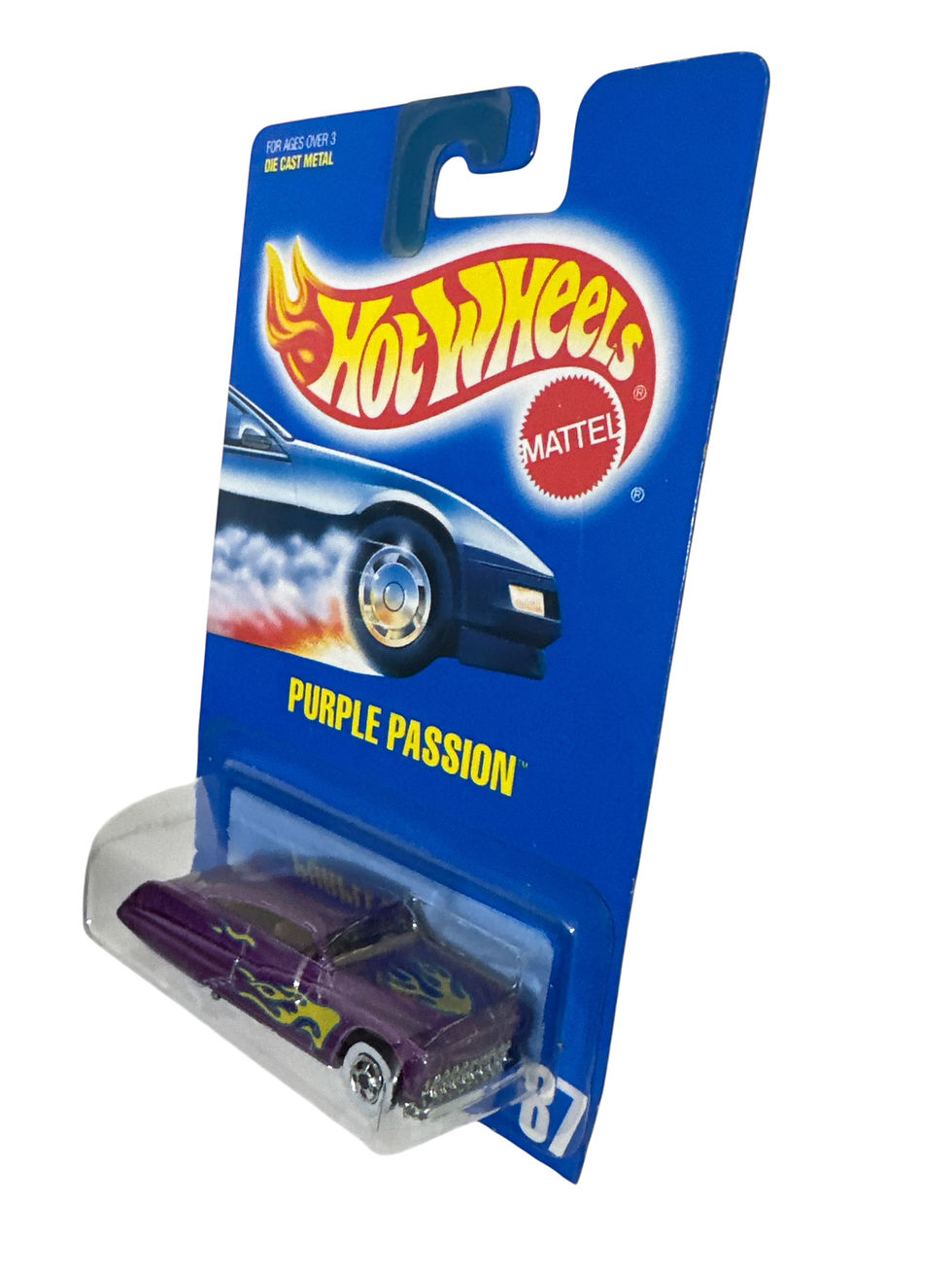 Vintage 1990 Hot Wheels Purple Passion #87 Yellow Flames Blue Card Series NIP