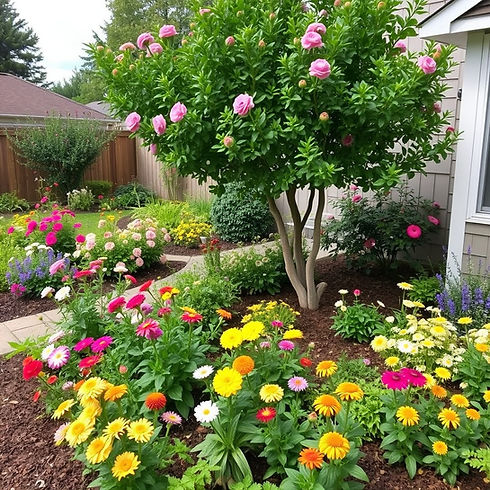 beautiful backyard  flower and tree plants bed garden.jpg