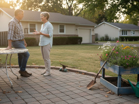 Des propriétaires échangent tranquillement sur leur terrasse en pavés imbriqués.