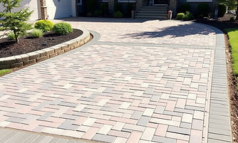 front yard driveway interlocking pavers installation.