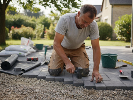 Un artisan en train d’installer des pavés sur une terrasse extérieure.