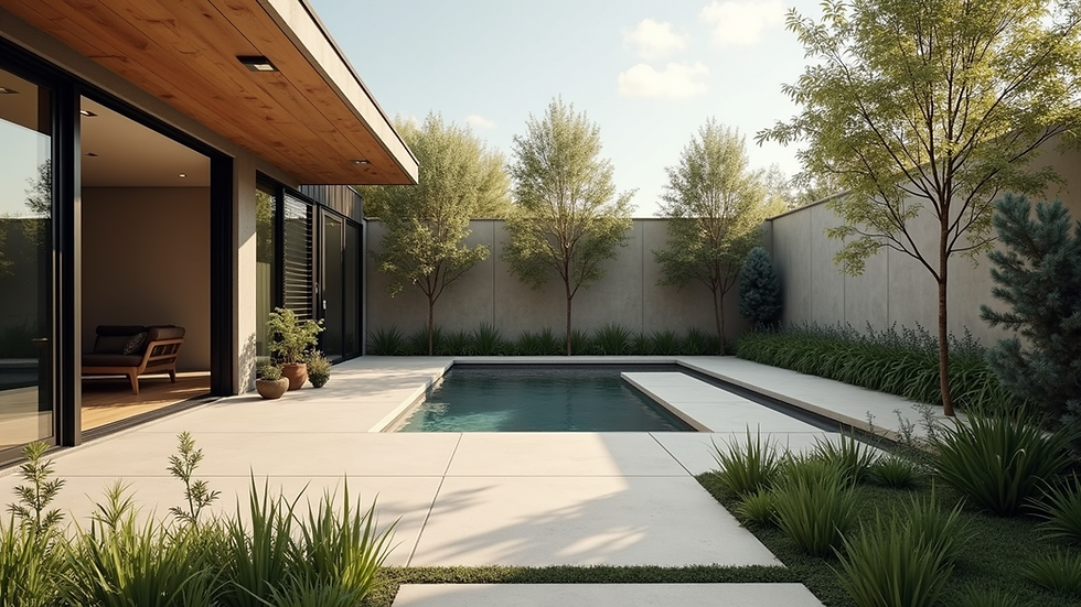 Eye-level view of a modern backyard with multi-level patio and minimalist plants