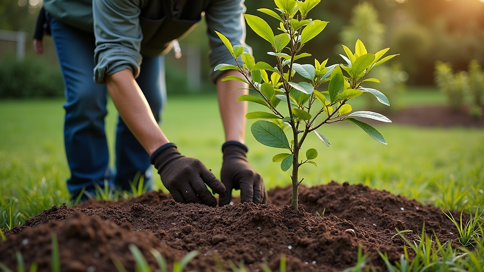High angle view of a gardener applying mulch around a young tree