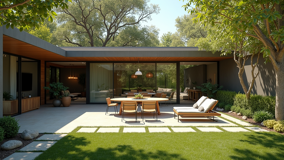 Wide angle view of a backyard with separate dining, relaxation, and garden zones