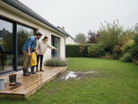 Après l’averse, la famille profite d’un moment ensemble pour constater que le jardin s’est parfaitement asséché, signe d’un bon drainage.