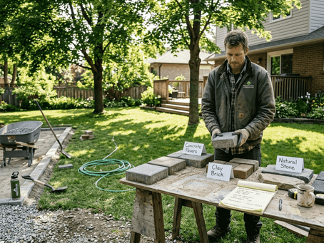 Contractor comparing outdoor interlocking paver types