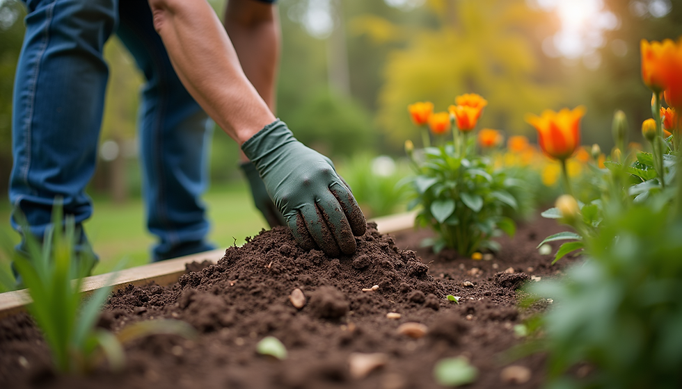 Gloved hands working soil in a sunny raised garden bed.