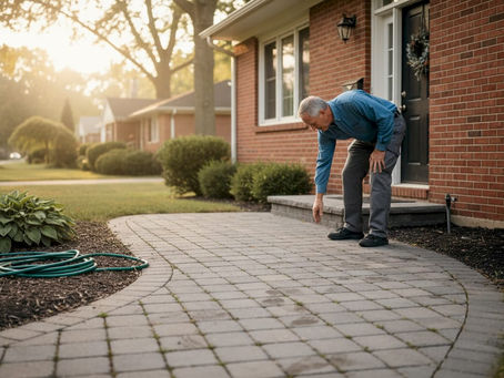 Un propriétaire examine l’état des pavés drainants installés dans l’allée devant sa maison.