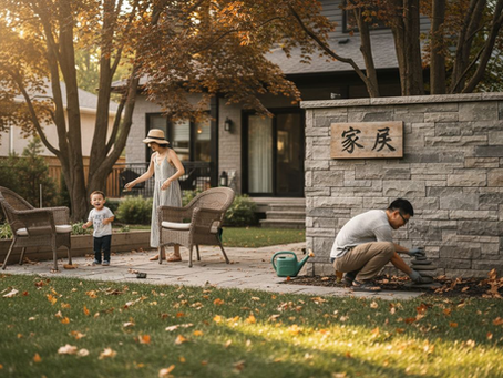 一家人在精心打理的后花园里，依靠着石墙，享受着温馨的家庭时光。