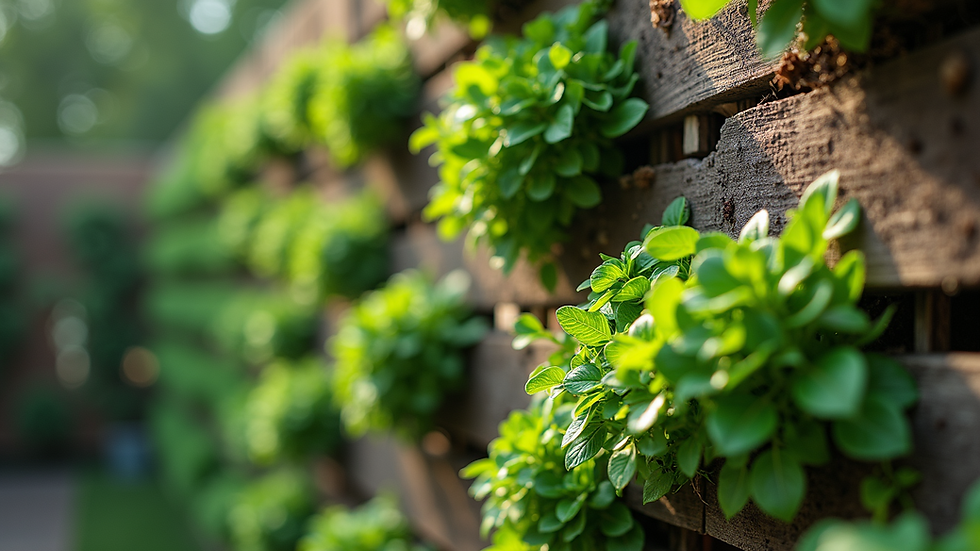 Eye-level view of vertical garden with lush green plants on a wooden fence