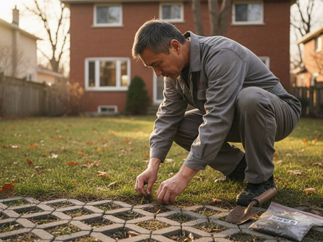 园艺师正在细致查看透水砖铺设效果，并关注草坪的生长情况。