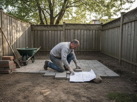 Homeowner installing backyard paver patio