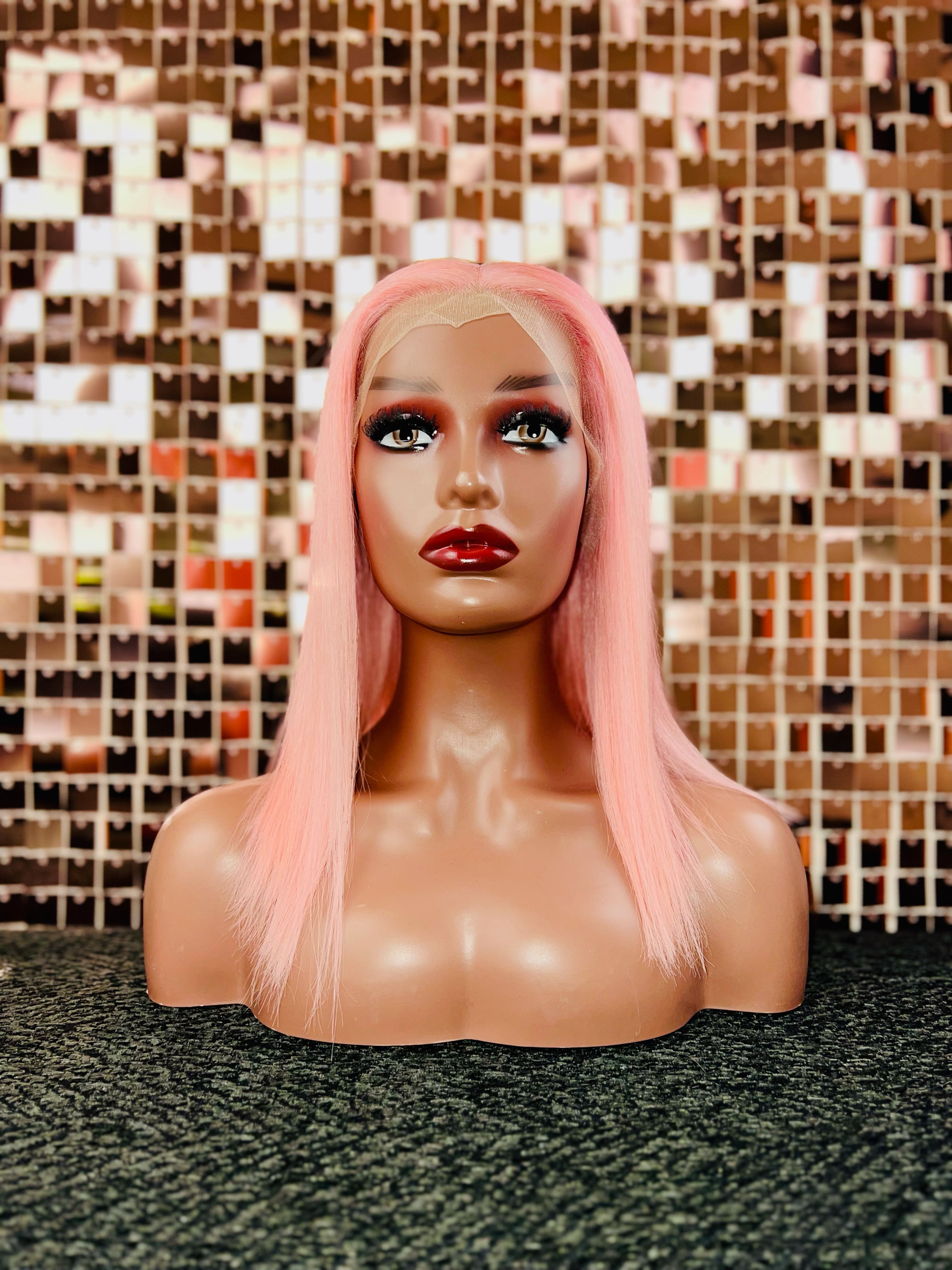 MHL Remy Hair 14" Straight Bob 4x4 Transparent Lace Wig Unit "Pink" Front View