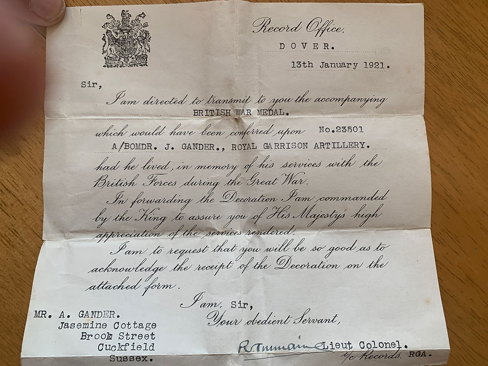 Letter accompanying the British War Medal