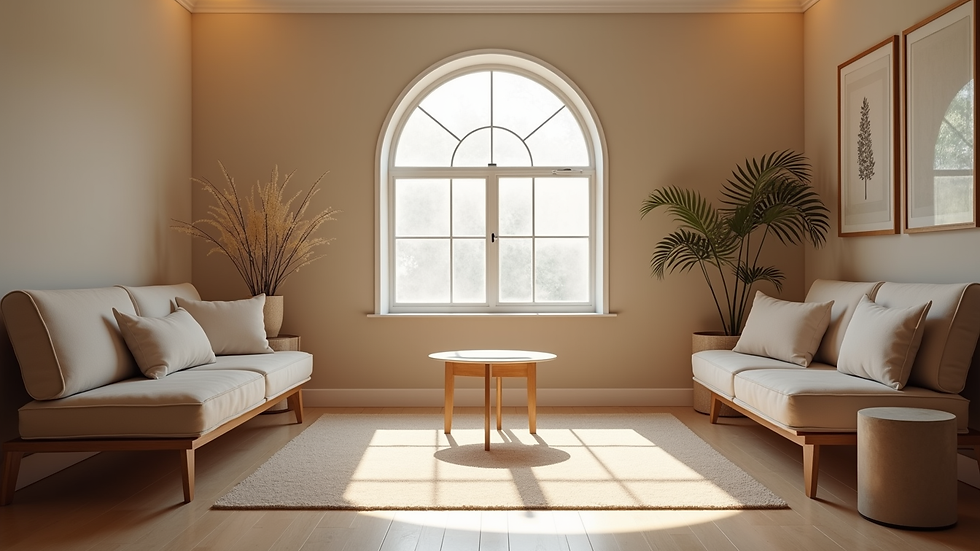 Eye-level view of a serene therapy room with comfortable seating