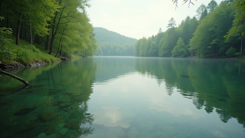 Eye-level view of a serene lake surrounded by lush greenery