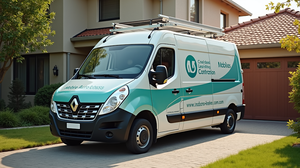 Eye-level view of a mobile auto glass service van parked outside a residential home