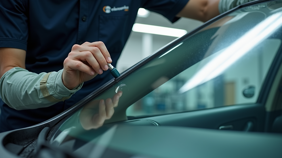 Close-up view of a technician calibrating a vehicle’s windshield in Vancouver