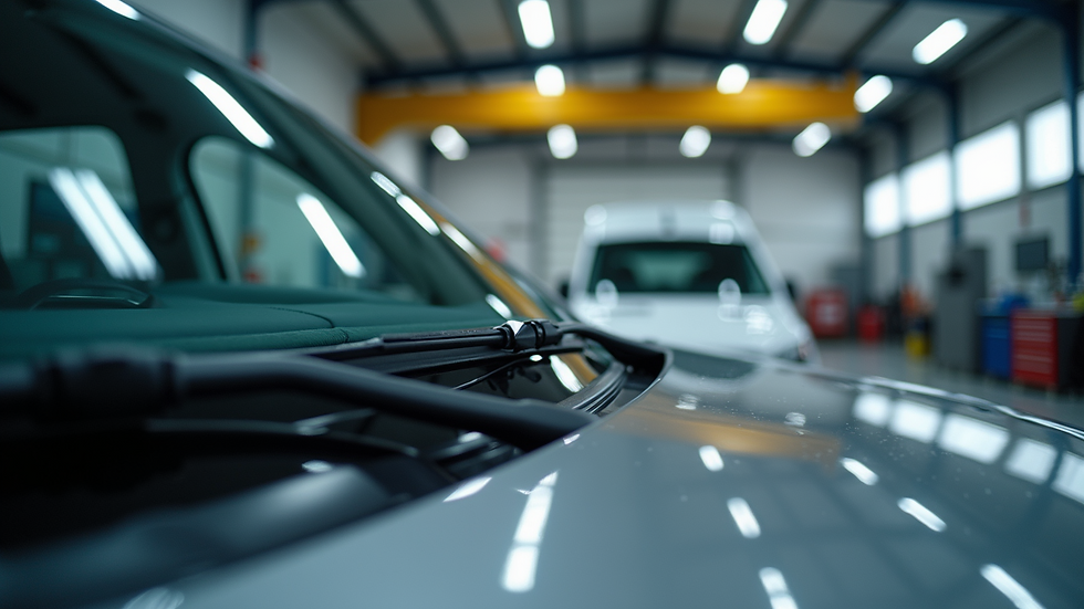 Eye-level view of a vehicle with a new windshield installed in a repair shop