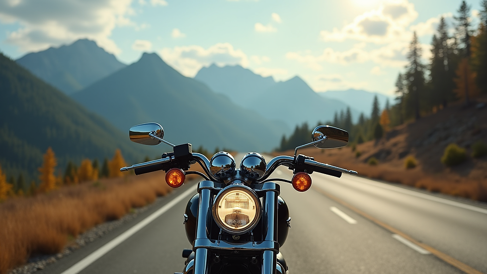 Eye-level view of a Harley Davidson motorcycle parked on a scenic road