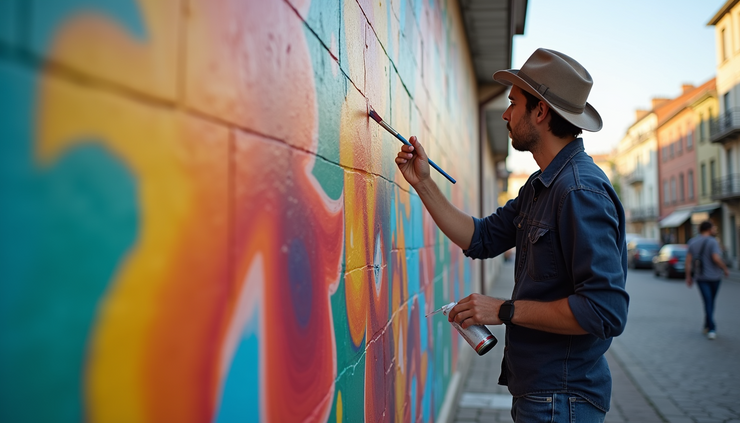 Eye-level view of a single artist painting a colorful mural on a city wall