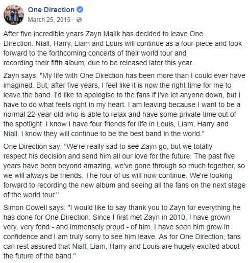 A través de esa publicación, se anunció la salida de Zayn Malik.