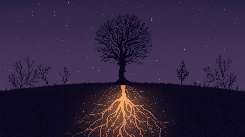 A mystical night-sky image with a crescent moon, glowing roots, stars, and soft golden light symbolizing inherited pain, inherited power, and bloodline healing.