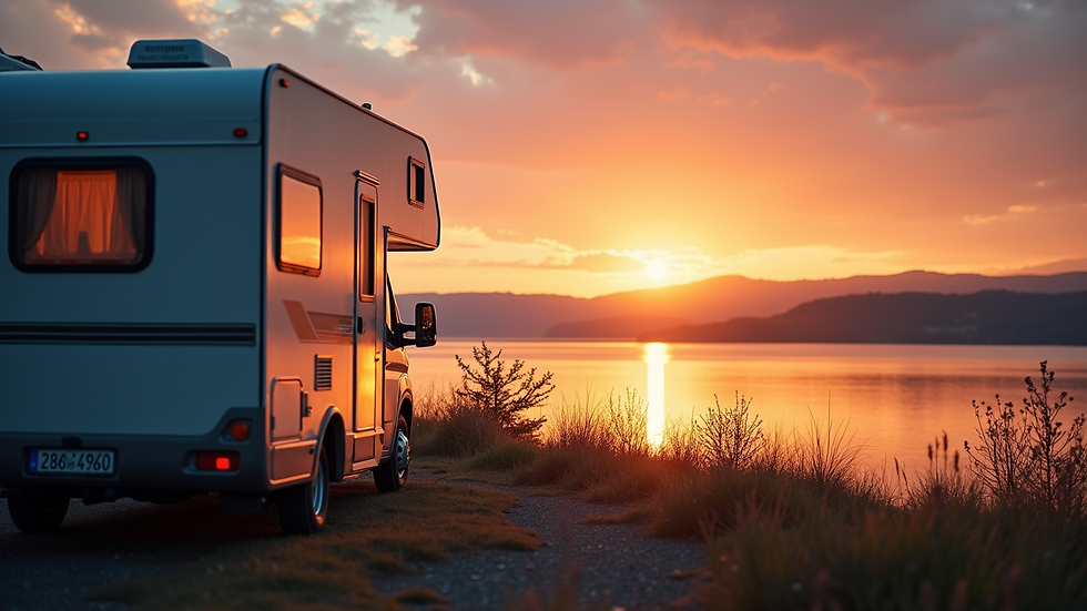 Eye-level view of a motorhome parked beside a serene lake at sunset