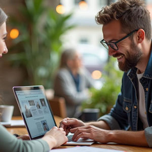 Two people smiling, working on a laptop together.