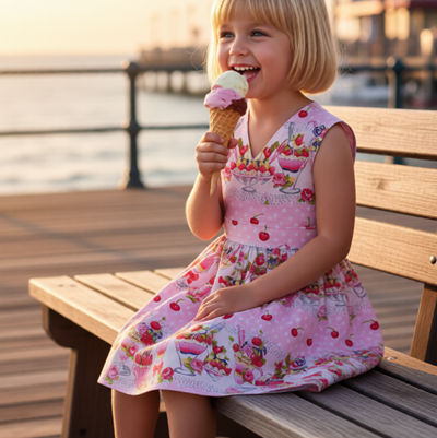girl seated in summer frock eating ice cream