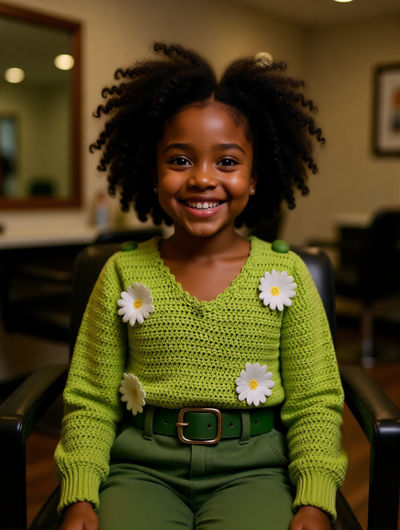 Smiling child in green sweater with flower decorations.