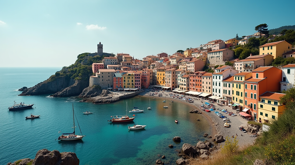 Wide angle view of a coastal village with colourful houses and boats in the harbour