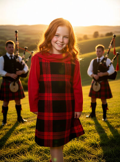 Girl in plaid dress with bagpipers in background.