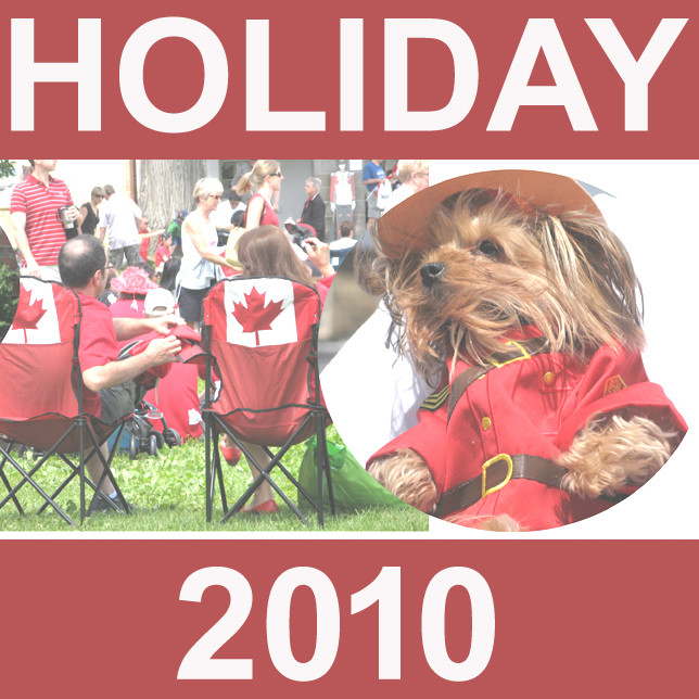 People with Canadian flags; dog in Mountie outfit.