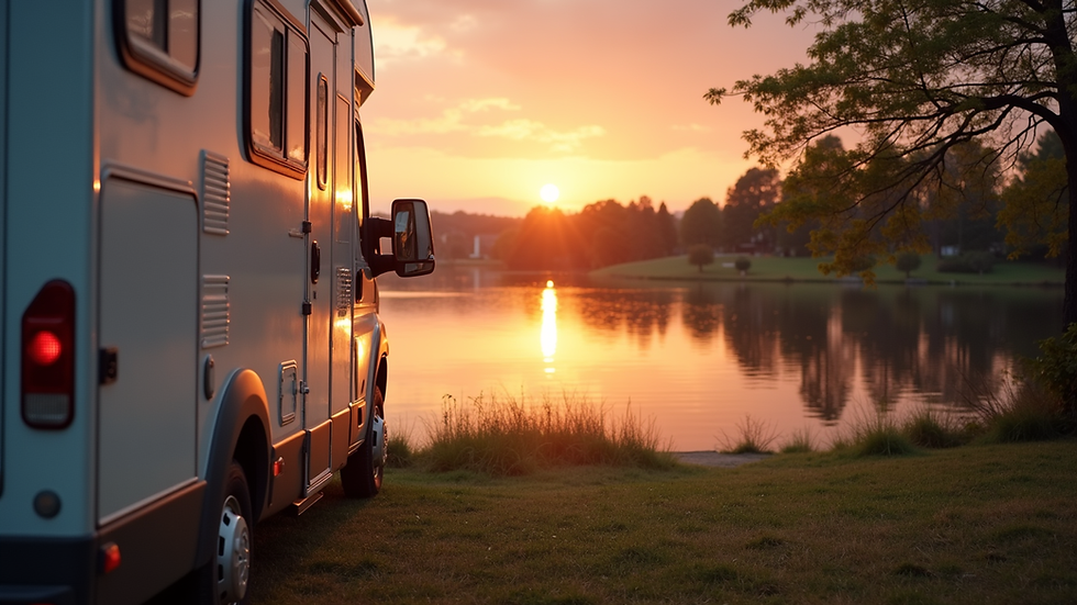 Eye-level view of a motorhome parked beside a serene lake at sunset